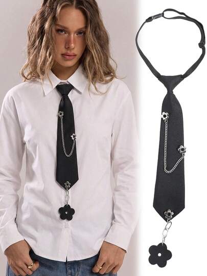 1pc Women's Fashion Floral Pattern Chain Decor Necktie, Suitable For Daily, Casual, Outing, Date, Party, Shopping Outfit