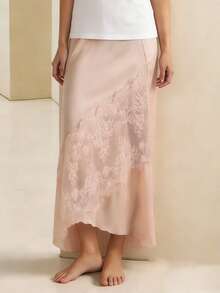 Women's Long Skirt Casual Lace Patchwork Solid Color Stylish Mid Rise Skirt For Spring And Summer - Pink - View 4