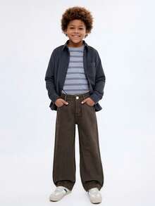 Young BoyStreet-Style Medium Wash Adjustable Waist Distressed Denim Jeans - Coffee Brown - View 14