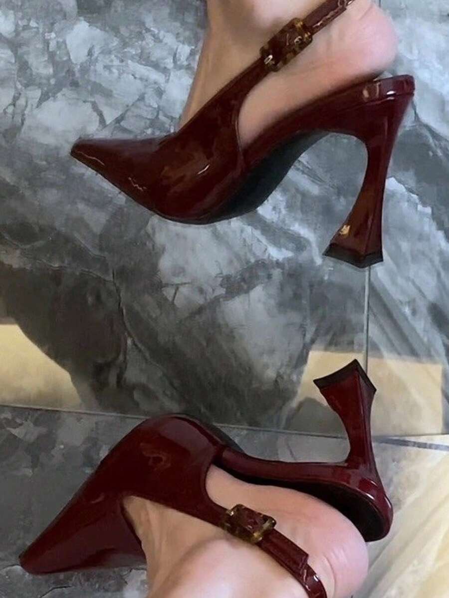女士时尚尖头优雅套脚软底防滑粗跟高跟鞋，有酒红色和黑色可选，百搭 - 酒紅色 - 查看 1