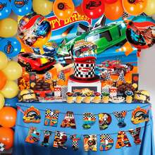 Rennwagen-Partyzubehör, Race Car Birthday Decoration & Rennwagen Partygeschirr Set - Rennwagen Teller Becher Servietten Tischdecke Banner etc Race Cars Party Supplies - Verschiedenfarbig - Übersicht 2