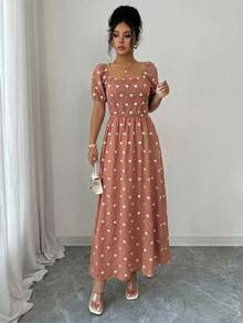 Elegant Printed Long Dress, Spring Style, Lined With Elastic, Short Puff Sleeves, Spring/Summer Fashion - Dusty Pink - View 3