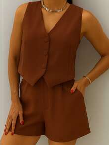 Women's Formal Set: Vest With Lined Buttons And Tailored Shorts - Brown. - View 2