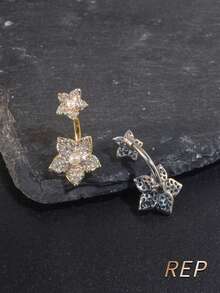 1件优雅立方氧化锆花朵造型穿孔肚脐环，银色肚脐环，适合女性日常、约会、派对佩戴，不锈钢饰品 - 彩色 - 查看 6