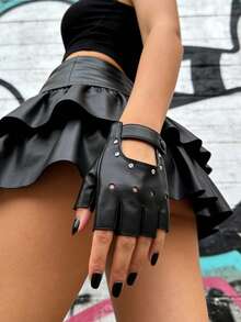 1 Pair Rhinestone Decorated Half Finger Motorcycle Gloves - Black - View 3