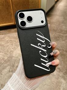 Lucky Letter Print Phone Case, Black Faux Leather Texture Shockproof Case, Scratch-Resistant Anti-Slip Protective Phone Cover, Minimalist Aesthetic Design, Fashionable Phone Case, Everyday Use Phone Case, Compatible With IPhone & Galaxy - Black - View 10