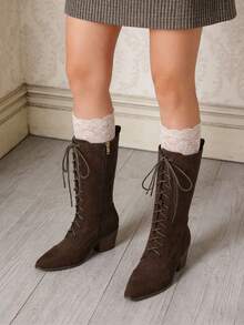 Women's Retro Pointed Toe Boots Suede Block Chunky Heels Side Zipper Lace-Up Casual Party Dress Fall Vintage Mid Calf Boots Woman - Da lộn màu nâu - Xem 9