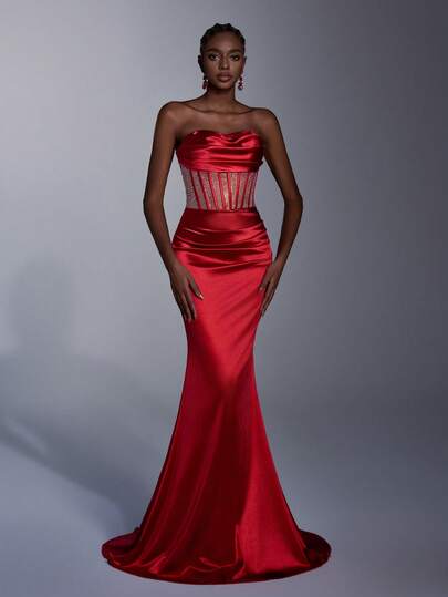 AOSHABABI Burgundy Sleeveless Mermaid Maxi Formal Dress, High Waist Rhinestone + Fishbone Design, Backless Tie, Suitable For All Formal Occasions, Music Festivals, Galas, Weddings, Parties, Graduations, Cocktail Events, Dates, Holidays, And Bridesmaid Dresses