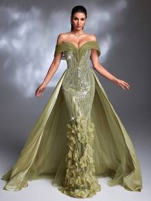 浅橄榄绿立体花瓣串珠刺绣露肩薄纱缎面系带拖尾奢华宫廷风格晚礼服 - 綠色 - 查看 5
