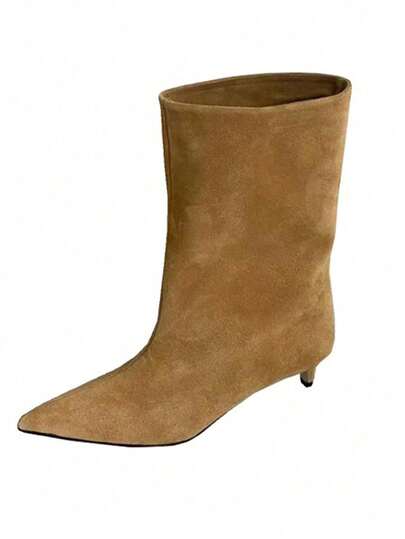 2025春季复古尖头中筒女靴，绒面革宽筒牛仔靴，百搭西部风格短靴