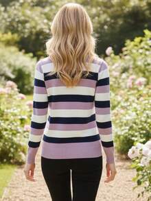 Women's Striped Sweater Top | Women's Long Sleeve Striped Top | Striped V-Neck Top - 紫丁香色 - 查看 3
