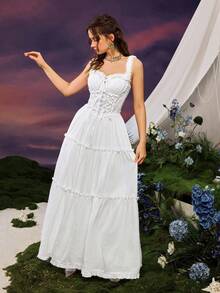 Faeriesty 女士仙女风吊带中长连衣裙 - 采用透气面料，胸部饰有刺绣图案，裙摆飘逸荷叶边，非常适合约会、度假或作为伴娘礼服。 - 白色 - 查看 4