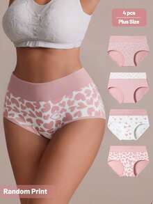 4pcs/Pack Women's Soft & Comfortable Heart Print Plus Size High Waist Briefs - Multicolor - View 4