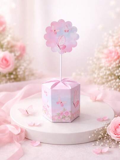 12 Centros de Mesa TEMA JARDIM DAS BORBOLETAS ROSA- Caixa sextavada para mesa -  decoração de aniversário - Pegue e Monte