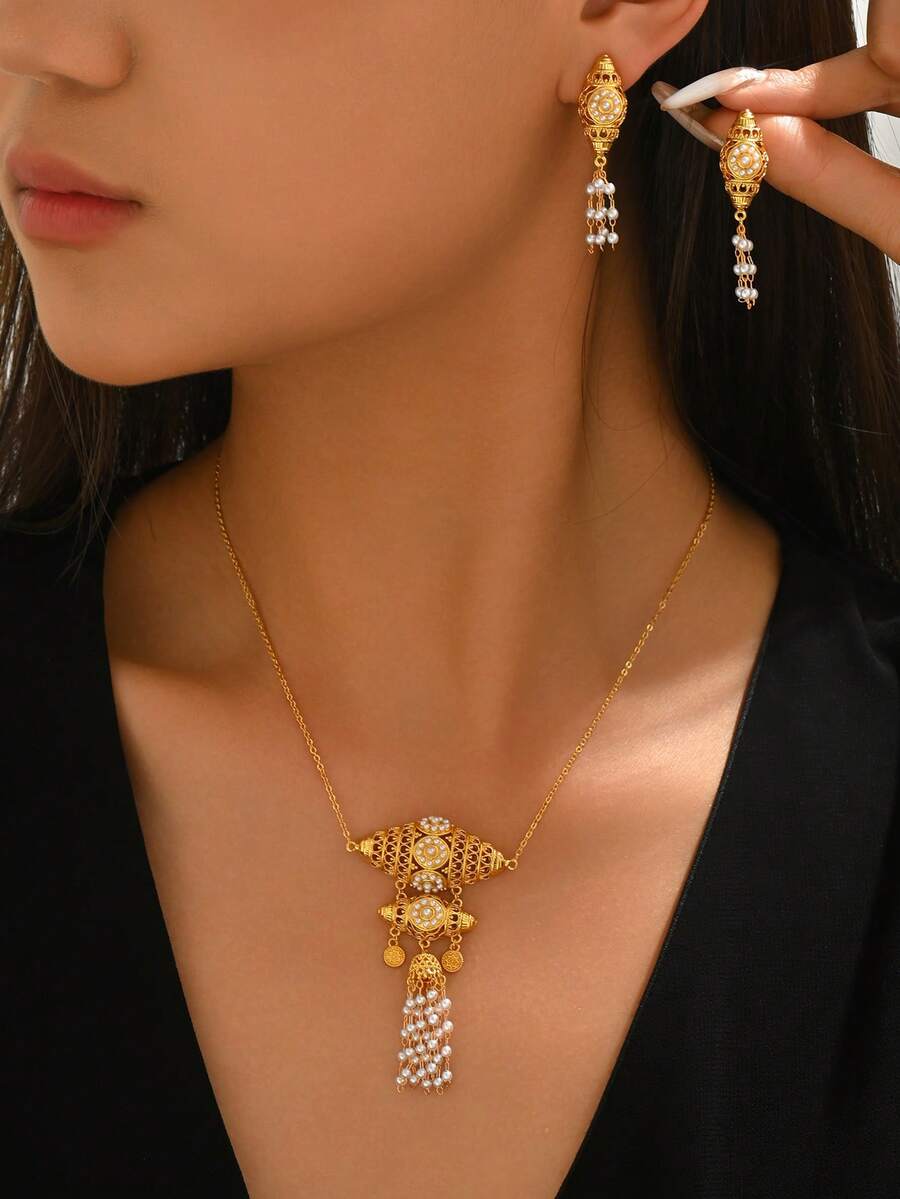 3pcs Set Hollow Geometric Beaded Tassel French Style Jewelry Set, Suitable For Women's Holiday Party Wear - Gold - View 1