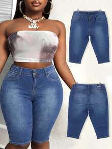Plus Size High Waist Washed Bermuda Denim Shorts Double Button Slim Fit Casual Stretch Denim Shorts - Medium Wash - View 5
