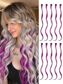 22 Inch 10pcs Purple & Pink Ombre Wavy Synthetic Hair Extensions, Y2K Street Style Festival Hairpiece - Purple - View 9