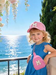 2件套儿童A-Z字母网眼棒球帽和包，时尚运动遮阳帽带可调节扣，旅行腰包斜挎包 - 粉色 - 查看 3