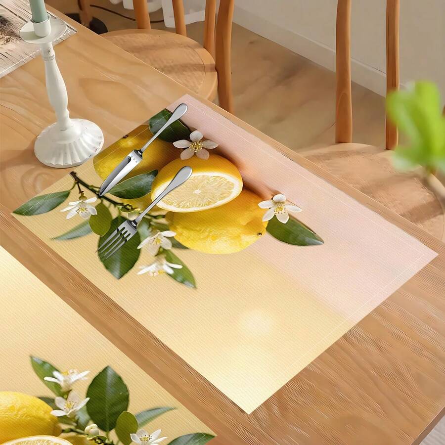 1pc/4pcs/6pcs Lemon Pattern Printed Linen Placemats, Suitable For Dining Table, All Season Decor, Modern Washable Table Mats, Room Decor, Coasters, Kitchen Dining Mats, Indoor Outdoor Party Decoration, Home Decor, Ideal Gift - Multicolor - View 1