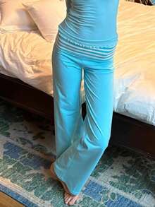 Women Y2k Striped Fold Over Pants Low Rise Yoga Pants Lounge Bottoms Color Block Wide Leg Flare Leggings Sweatpants - 藍色 - 查看 4