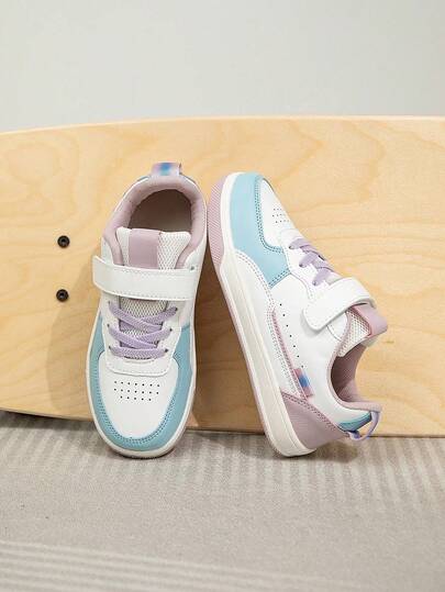 1 Pair Children's Mid-Top Sneakers, PU Leather, Indoor/Outdoor Casual Running Shoes, Easy Slip-On, Closure, Lightweight, Non-Slip, Breathable, Comfortable, New Fashion School Style, Patchwork Color For Boys And Girls