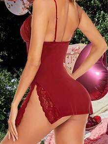 1pc Lace Trimmed Milk Silk Nightgown, Comfortable Lingerie Going Out - Màu Đỏ Sâu - Xem 4