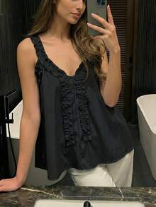 2026 Summer Sweet Frill Trim Camisole, Loose Women Sleeveless Top, Flattering & Elegant Casual Black - Black - View 2