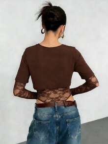 1 Stück einfarbiger gestrickter Stoff 2 in 1 Spitze Patchwork transparenter Bodysuit, sexy für Singles Partys & Dates, sommerlich elegant - Kaffeebraun - Übersicht 4