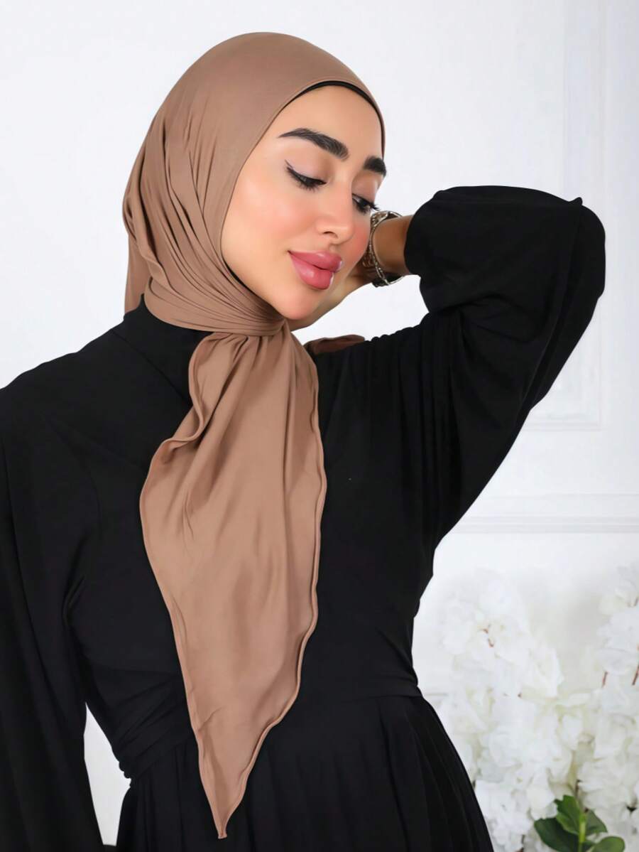 1pc Instant Triangle Hijab, All-In-One Tie-Up Design, Quick Wrap Without Slipping, No Undercap Needed, Suitable For Daily Wear, Prayer, And Outings - Black - View 1