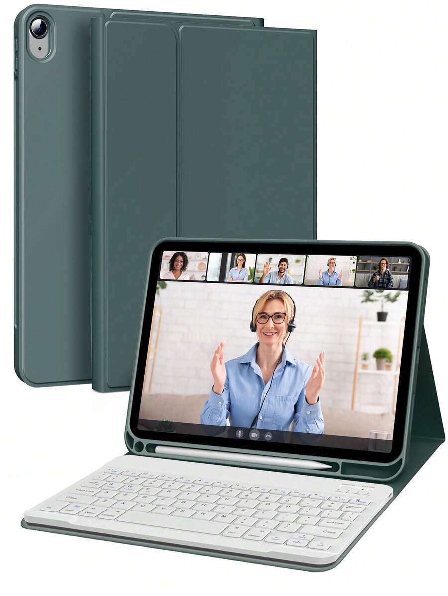 这款键盘保护套兼容 iPad (A16) 11 英寸第 11 代 (2025)，也适用于 iPad 10.2 英寸第 9/8/7 代、iPad Air 4/5/6、10.9/11 英寸以及 iPad Pro 11。支持自动睡眠/唤醒功能，配备可拆卸无线蓝牙键盘、内置 150mAh 电池、纤薄支架设计，并带有触控笔插槽 - 绿色