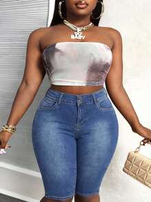 Plus Size High Waist Washed Bermuda Denim Shorts Double Button Slim Fit Casual Stretch Denim Shorts - Medium Wash - View 4