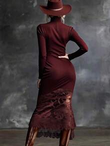 Vestido largo elegante cuello alto ajustado manga larga con falda de encanto para mujer - Vino tinto - Ver 2