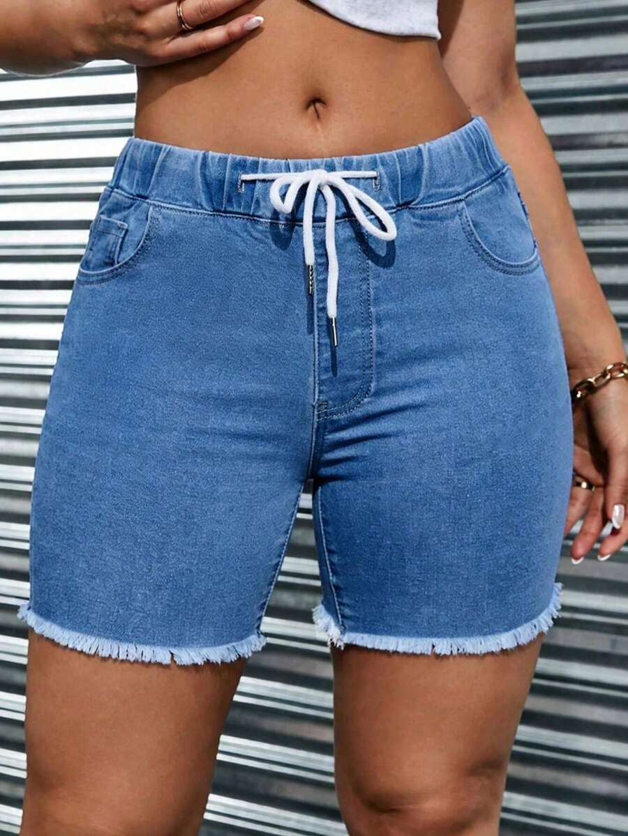 Solid Mid-Stretch Denim Bermuda Shorts, Frayed Hem Drawstring Elastic Waist Comfy Summer Beach Jean Shorts, Casual School & Daily Wear, Vacation Cowgirl Style, High Elasticity For All-Day Comfort - Blue - View 1