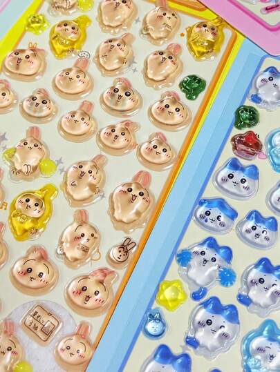 可爱可重复使用贴纸标签，卡通贴纸，适用于剪贴簿、教师奖励、派对装饰、礼品包装，色彩缤纷的图案可用于DIY滑板、行李箱、头盔、水瓶等，不对称形状混色3D塑料表面艺术手工贴纸，适合儿童使用