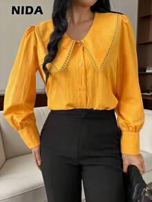 Women's Elegant Peter Pan Collar Long-Sleeved Single-Breasted Casual Shirt, Yellow Shirt - Yellow - View 8