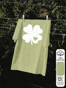 聖帕特里克節 100% 純棉短袖女款 T-shirt，三葉草印花圖案上衣，柔軟面料，純棉，休閒，夏季，度假，旅行風格，海灘氛圍，極簡節日穿搭 - 淺綠色 - 查看 5