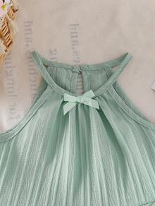 Baby Girls' Solid Color Spaghetti Strap Bowknot Ruffle Hem Top And Straight Leg Pants 2 Piece Outfit, Suitable For Daily Outings In Spring/Summer - Green - View 5