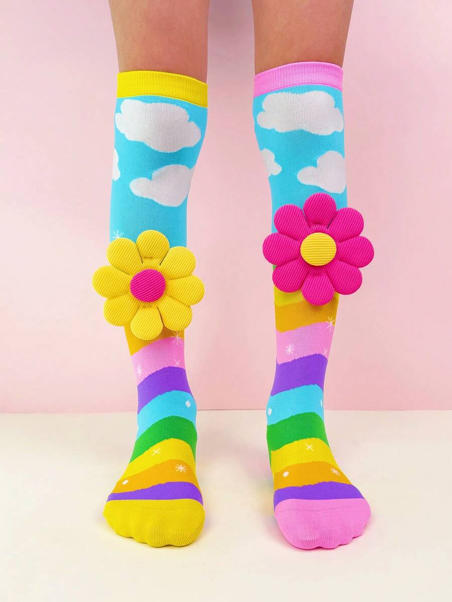 1 Pair Children's Over-The-Knee Socks With Rainbow Cloud Pattern And 3D Floral Decor. Children's Socks, Crazy Socks, Fun Socks, Suitable For All Seasons. They Are The Perfect Gift For Crazy Day, Children's Party, Valentine's Day, Easter, Vacation, Outdoor Activities And Daily Wear.