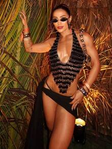 DEKUNER Cadena para el Body con tachuelas de strass, sujetador con cuentas de escote en V profundo para mujer, adecuado para fiestas de club atrevidas, festivales de música, regalo de cumpleaños - Negro - Ver 3