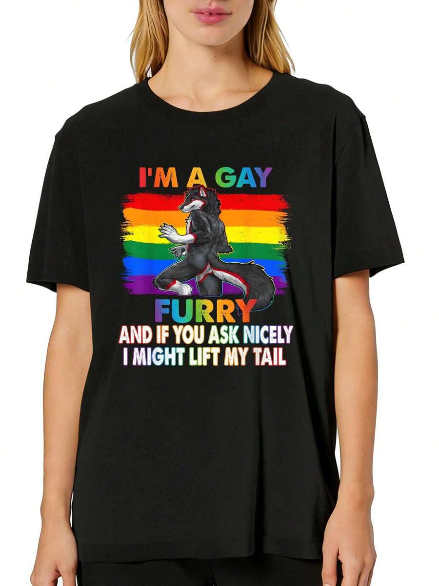 Women's Summer Short Sleeve Crew Neck T-Shirt - I'm A Gay Furry Rainbow Fox Wolf Fursona Fandom Pride Month Graphic Prints Suitable For Summer & Spring - Machine Washable Casual Attire & Layering Piece - màu đen - Xem 1