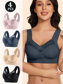 Sensual Star 4 piezas Sujetador sin costuras para mujer, ropa interior sin espalda, suave y agradable a la piel, diseño de una pieza con relleno, sin aro de acero, sexy, paquete de cuatro colores, adecuado para yoga, uso diario, lencería - Multicolor - Ver 2