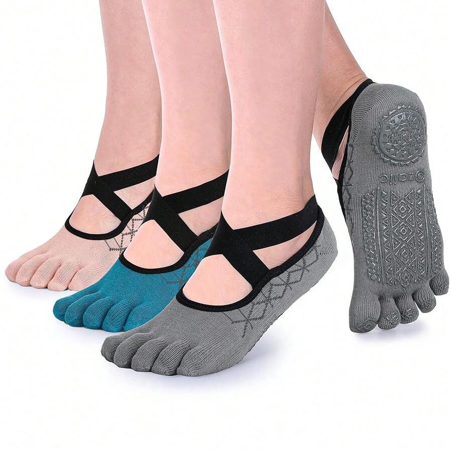 Ozaiic Yoga Socks For Women With Grips, Non-Slip Five Toe Socks For Pilates, Barre, Ballet, Fitness - 3 đôi - Xanh dương/Xám/Hồng - Một cỡ - Xem 1