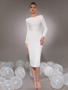 Sexy Women's Long Sleeve Large Zipper Back Bodycon Midi Dress For Vacation And Party - White - View 2