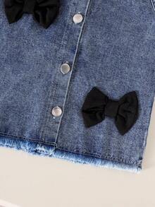2pcs Girls Toddler Vintage Street Style 3D Bow Denim Vest + Solid Color Suspender Romper Set, Summer - Black - View 7