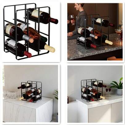 9-Bottle Metal Wine Rack, Standing Holder Organizer For Red And White Wine, Kitchen Countertop, Pantry, No Assembly Required, Black