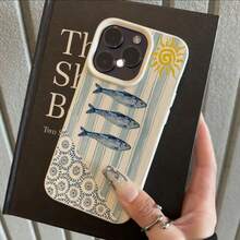 1pc TPU Material Summer Blue Striped Sunfish Print Phone Case, Compatible With IPhone 17 Pro Max/17/16 Pro Max/15/13/12/11, S20 FE/A15/S24/A55, Note 11/Note 12/Note 13 Pro, Full-Body Shockproof Soft Protective Cover - White - View 2