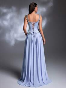 浅蓝色水钻装饰方领荷叶边系带雪纺长裙优雅晚礼服 - 淺藍色 - 查看 2