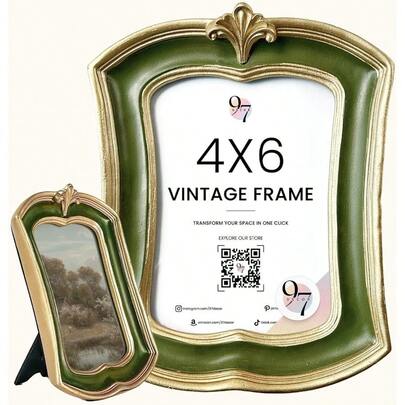 Small Vintage Picture Frames 4x6 - Old Fashioned Ornate 4x6 Frame, Antique Frame 4x6, Dark Green Unique Photo Frames With Glass Front For Tabletop And Wall Hanging, Vintage Wall