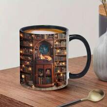 [Whimsical Library Mug] Library-Themed Porcelain Mug - 1 Cup Magic With Bookcase, Sleeping Cat & Lanterns  Elegant Coffee Tea Cup For Book Lovers, Birthday, Valentine's, Easter Gifts - Durable Porcelain Construction, Book Lover Gifts, Decorative Kitchenware, Sleek Handle Design, Home Decor, Whimsical Style, Handcrafted Look, Themed Drinkware, Gift Shoppers - 黑色 - 查看 6