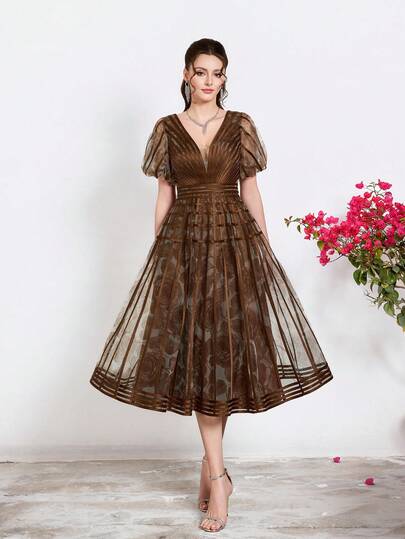 Mgiacy Coffee Brown Floral & Striped V-Neck Puff Sleeve Midi Dress, Elegant Women's Summer Gown For Prom, Dinner, Party & Festival Outfits